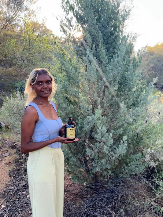 Aboriginal beauty products being held in front of bush medicine plant