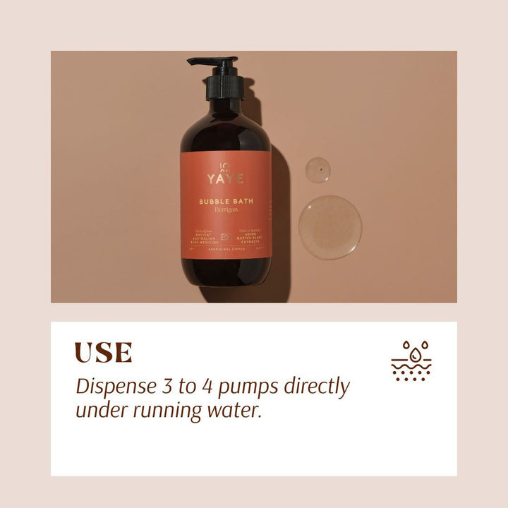 YAYE bubble bath bottle with pump on a beige background