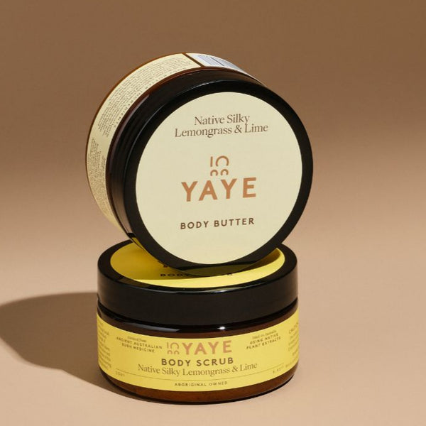 Native Silky Lemongrass & Lime Body Scrub stacked beneath the matching Body Butter from Yaye’s Glow Bundle, styled naturally with a clean, Australian-made feel.