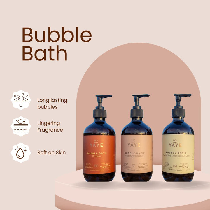 Three bottles of YAYE bubble bath with product features on a beige background