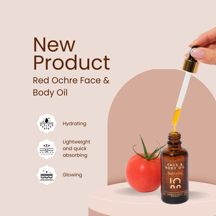 Red Ochre Face & Body Oil with dropper and tomato on a beige background