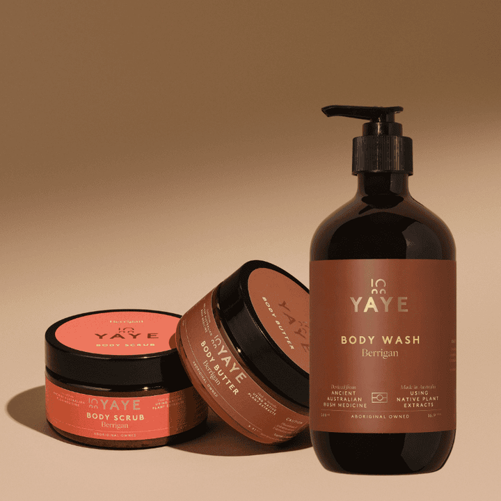Yaye Berrigan Build Your Own Body Care Trio – body scrub, wash and butter inspired by native bush botanicals – Aboriginal-owned Australian skincare brand