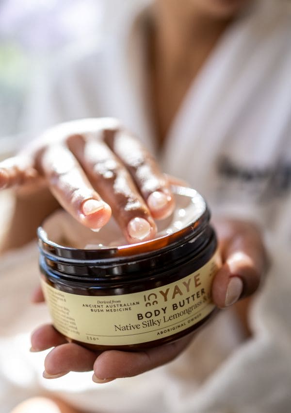lose-up of Yaye Native Silky Lemongrass & Lime Body Butter texture – rich, velvety hydration from native Australian ingredients