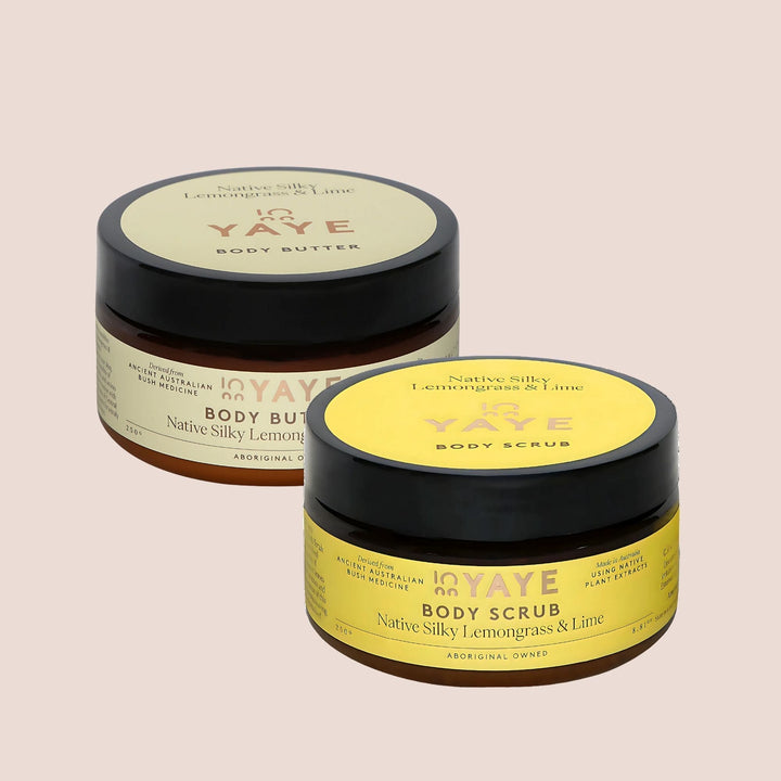 Yaye Glow Bundle featuring Native Silky Lemongrass & Lime Body Butter and Body Scrub – premium Aboriginal-owned skincare set.