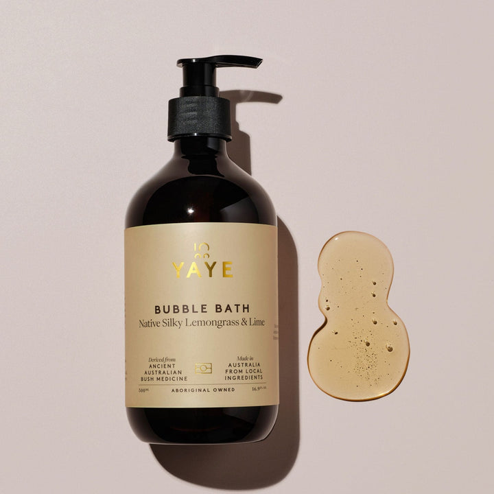 	Yaye Native Silky Lemongrass & Lime Bubble Bath bottle with product texture – nourishing, native botanical skincare ritual