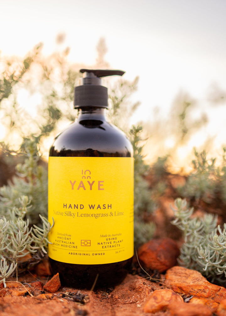 Yaye Native Silky Lemongrass & Lime Hand Wash displayed on Country with bush medicine