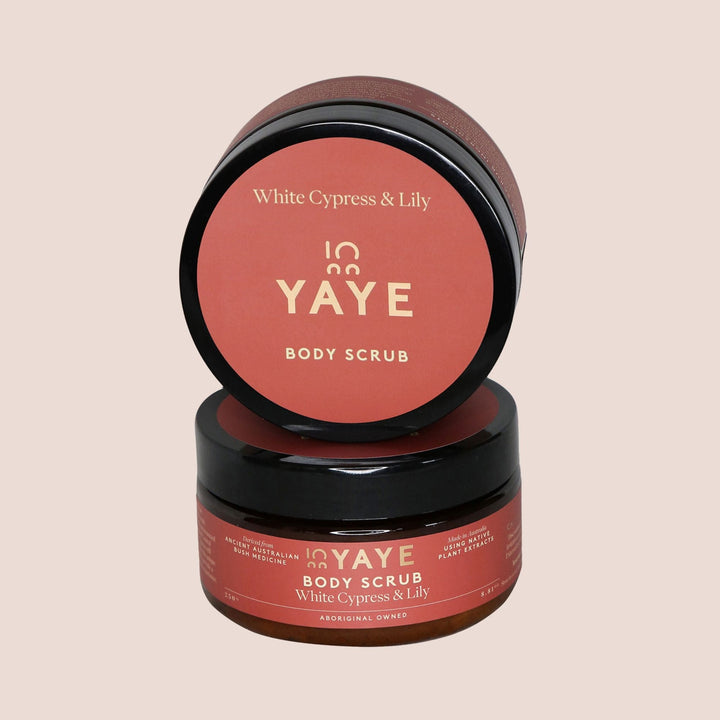 Two jars of Yaye White Cypress and Lily Body Scrub stacked – native botanical skincare