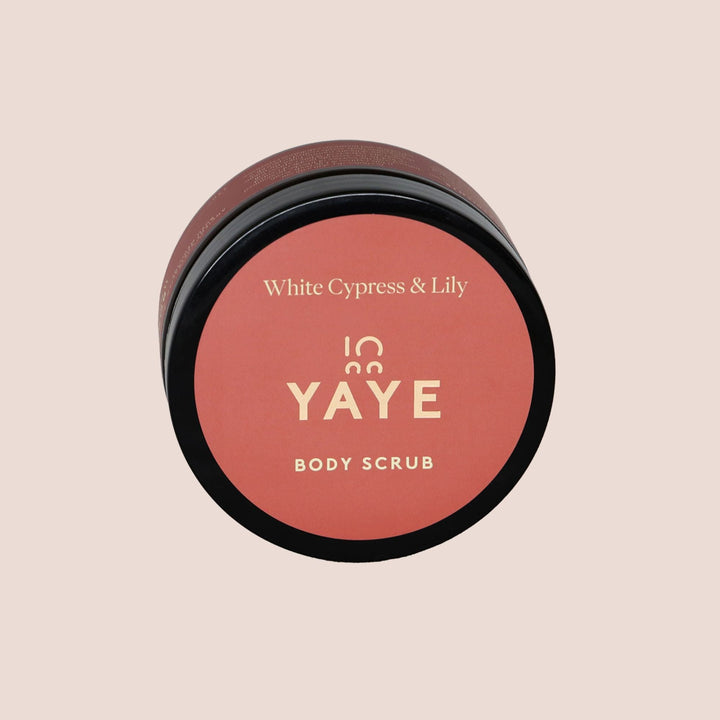 	Top-down view of Yaye White Cypress & Lily Body Scrub highlighting natural sugar exfoliant texture – Aboriginal-owned skincare