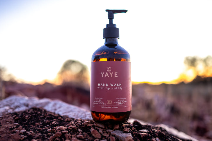 Yaye White Cypress & Lily Hand Wash displayed on Country with native bush medicine, celebrating Aboriginal-owned natural skincare.