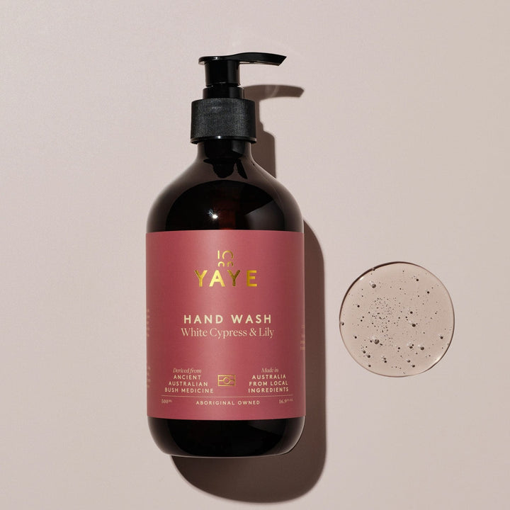 Yaye White Cypress & Lily Hand Wash bottle with product texture, showcasing gentle, native botanical cleansing.