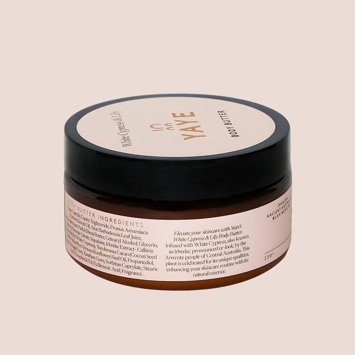 Back label of Yaye White Cypress and Lily body butter – natural ingredients and Aboriginal-owned skincare