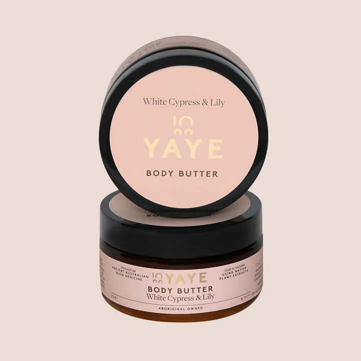 Stacked Yaye body butter jars – White Cypress and Lily Aboriginal body care for soft, smooth skin