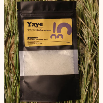 Black pouch of Yaye's Native Silky Lemongrass and Lime Australian made bath crystals.