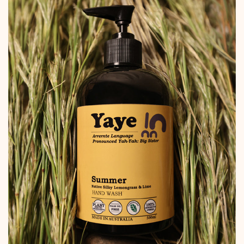 Pump bottle of Yaye's Summer Hand wash with Native Silky Lemongrass and lime. Lemon lime scent. Indigenous hand wash.