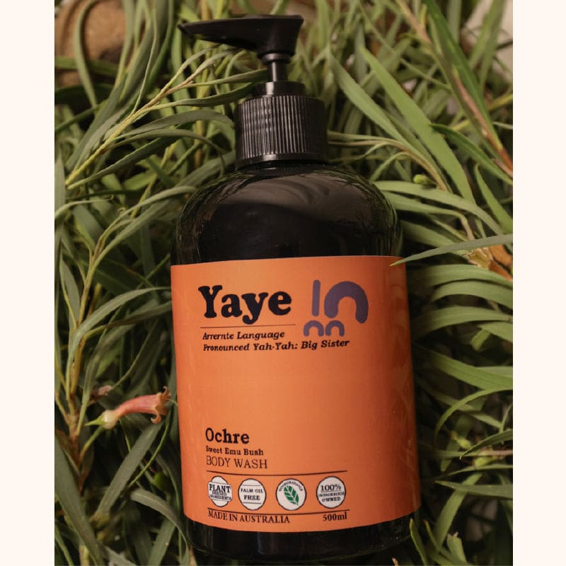 Pump 500ml bottle of Yaye's Ochre Aboriginal body wash. With a vanilla caramel scent. Australian made bath product