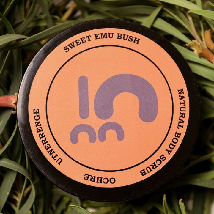 Lid of Aboriginal body Scrub. Vanilla caramel fragrance. Sweet Emu bush. 